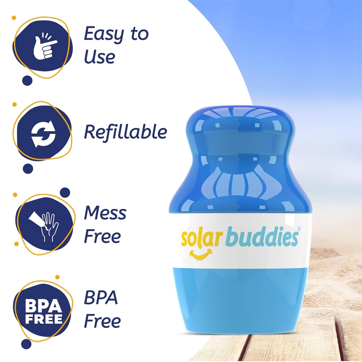 Solar Buddies Sunscreen Applicator - Single Full Blue - Refillable Roll on Sponge Sunscreen, Suncream & Lotion Applicator For Kids, Adults & Families - Holds 3.4fl oz, Perfect Size for Travel