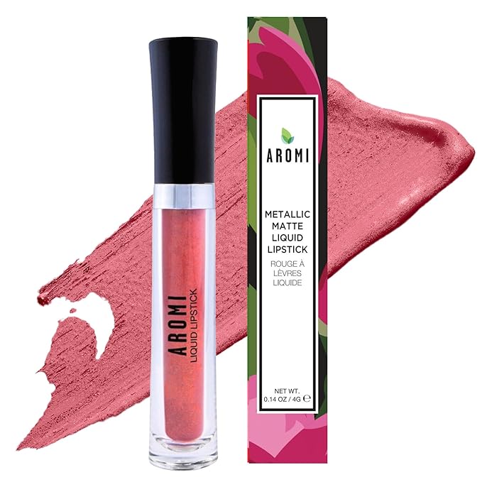 Aromi Metallic Liquid Lipstick | Peachy Pink, Coral Lip Color with Shimmery Finish, Long-lasting, Vegan, Cruelty-free, Smudge Proof, Gluten Free (Rose Gold)