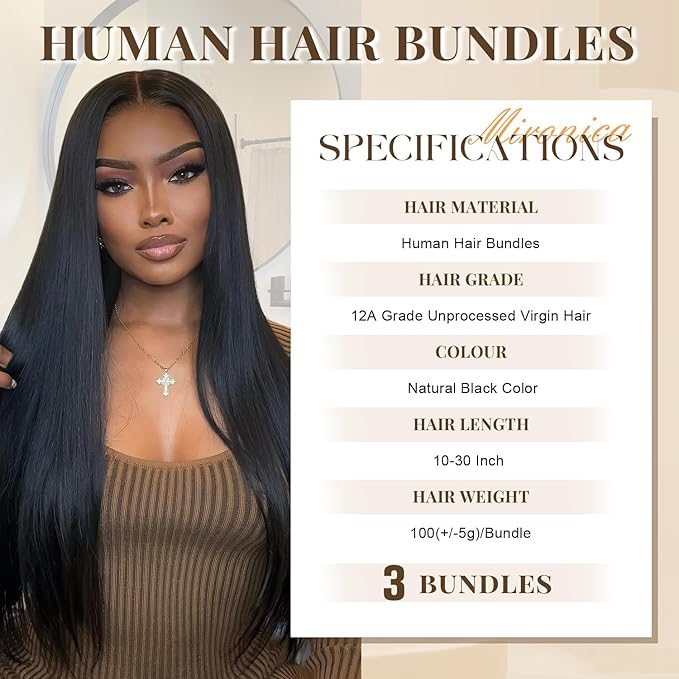 Straight Bundles Human Hair 24 26 28 Inch 12A Brazilian 3 Bundles Deals Human Hair 100% Unprocessed Virgin Remy Hair for Black Women Natural Black Color Hair Extensions