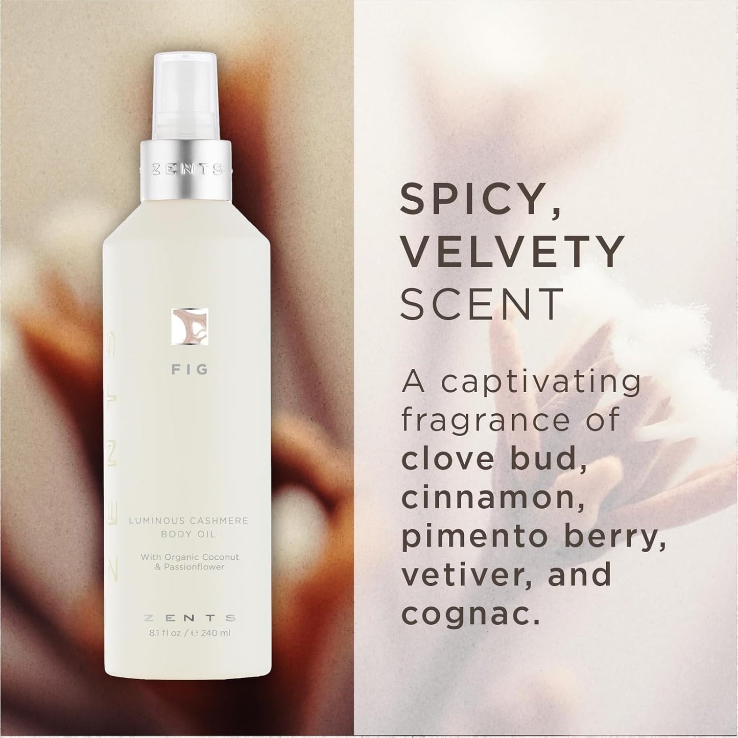 Zents Luminous Cashmere Body Oil (Fig Fragrance) | Moisturizing Body Oil with Vitamin E & Organic Coconut Oil | Softens & Smooths Skin | 8 fl oz