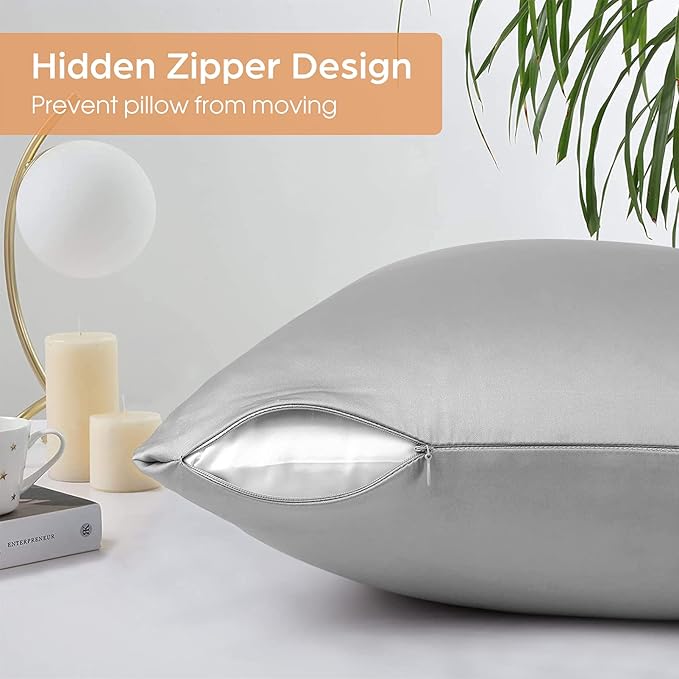 Silk Pillowcase for Hair and Skin, 2 Pack 100% Mulberry Silk Pillowcase 25 Momme, 600 Thread Count, Both Side Pure Silk Pillow Cover with Hidden Zipper (Gray, Standard 20''×26'')