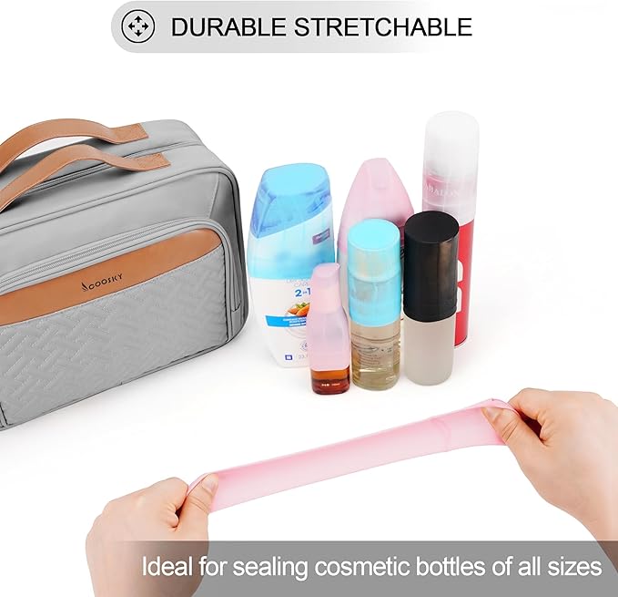Travel Hanging Toiletry Bag for Women and Men, with 8 Leak Proofing Silicone Bottle Covers, Waterproof Makeup Accessories, Cosmetic Essentials, Cruise Ship Toiletries Bag with Jewelry Organizer, Pink