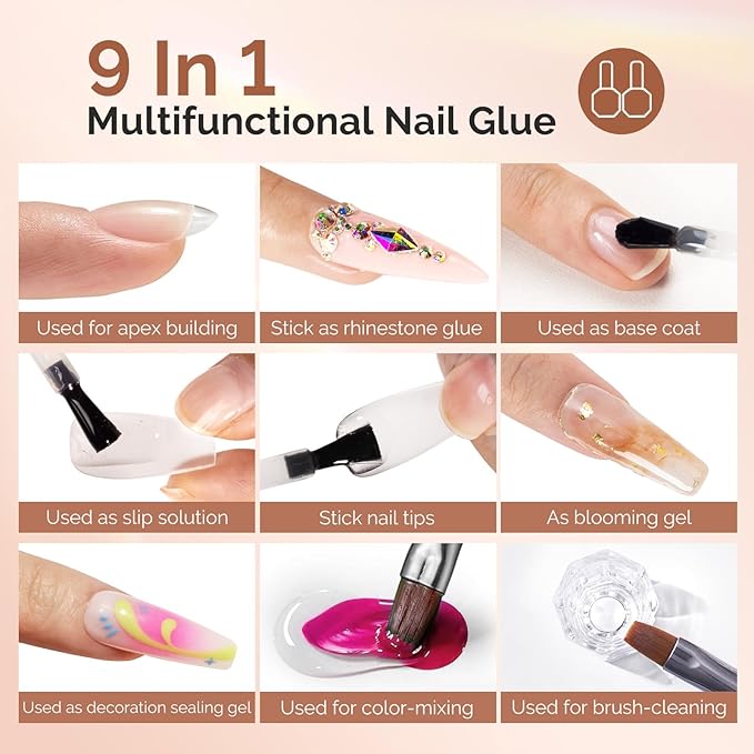 MelodySusie 9 in 1 No TPO Gel Nail Glue for False Nail Tips, Long Lasting UV Light Required,as Base Coat, Apex Building, Blooming & Rhinestone Gel, Stong Adhesion Manicure Kit Salon Home 2Pcs*15ml