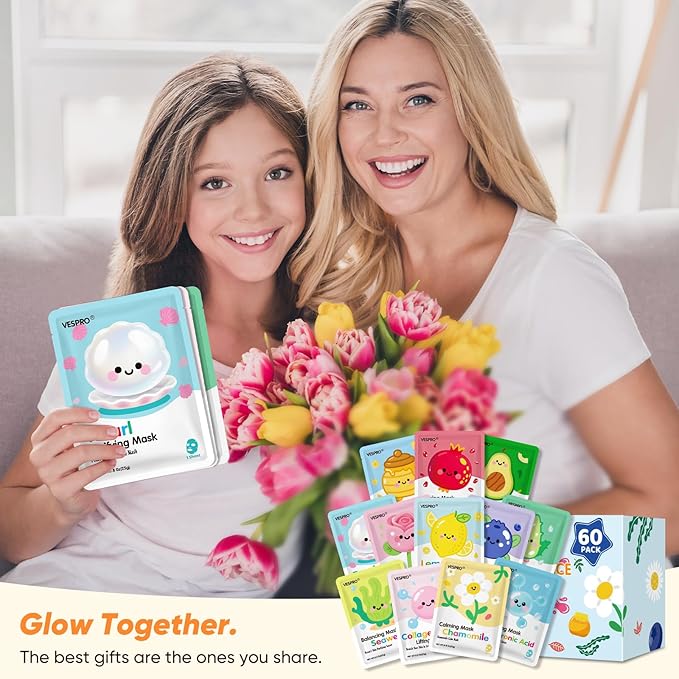 60 Pack Bulk Collagen Facial Masks, moisturizing & Hydrating Face Masks for Women, Skin Care for All Skin Types, Stocking Stuffers, Christmas Gifts, Sleepover Party for Teen Girls(12 Types x 5 Pcs)