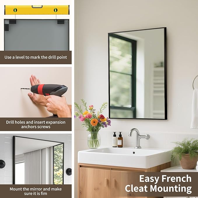 Matte Black Mirror, 24x32 Inch Aluminum Framed Rectangle Mirror, Anti-Rust, Tempered Glass, Square Corner Wall Mirror for Over Sink, Vanity, Bedroom, Entryway, Horizontal/Vertical