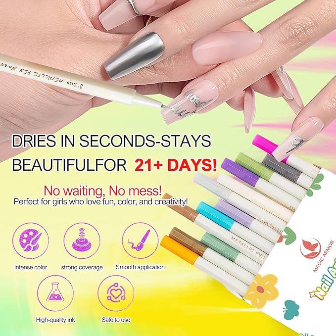 30 Metallic Colors Nail Art Pens Set, 3D Acrylic Paint Nail Polish Pens for Drawing & Dotting, Quick-Drying Nail Markers with Fine Tip, Manicure Design Tools for DIY Nail Art at Home & Salon
