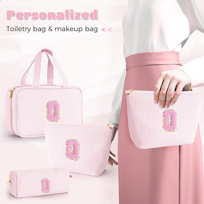 Personalized Toiletry Bag - Initial Makeup Bag Cosmetic Bag for Women Travel, Cute Friend Wedding Girlfriend Birthday Gift for Teen Girls 16-18 - Pink Q
