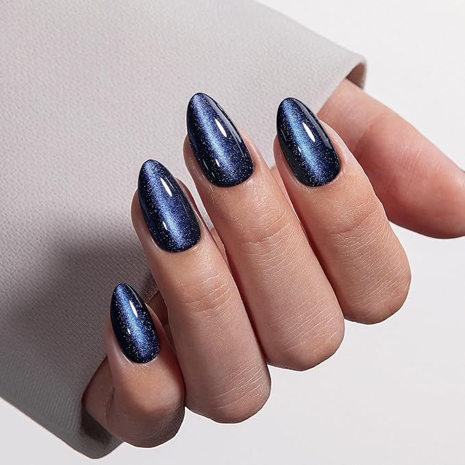 VSALON Press on Nails Short Almond - Blue Cat Eye Chrome Glitter Glossy Glue On Valentine Nails Kit, Reusable Opaque Gel Magnetic Effect Fake Nails with Glue - in 16 Sizes 32 Stick On Nails