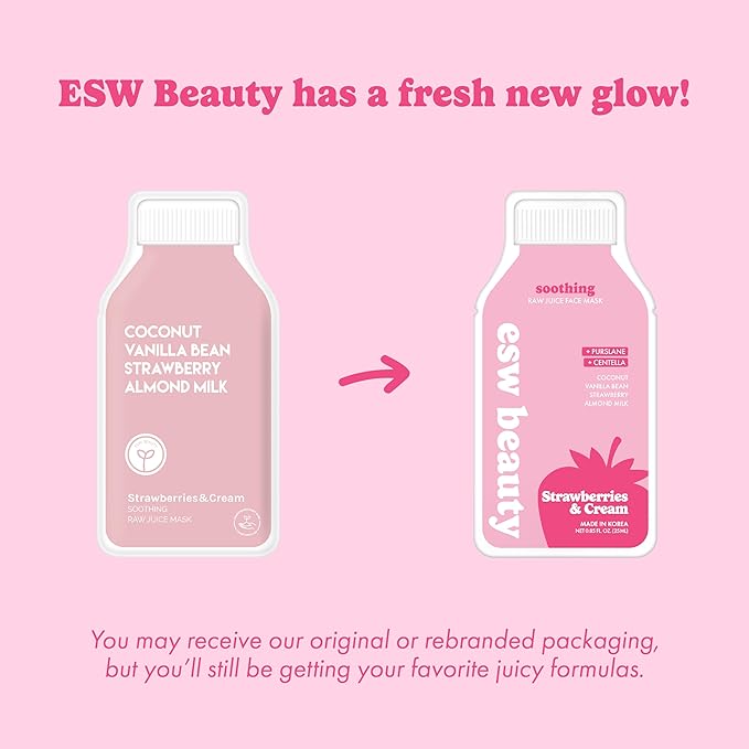 ESW Beauty Strawberries & Cream - Soothing Raw Juice Face Mask - Calming with Coconut, Vanilla Bean, Almond Milk & Strawberry for Sensitive Skin - Reduces Redness & Nourishes
