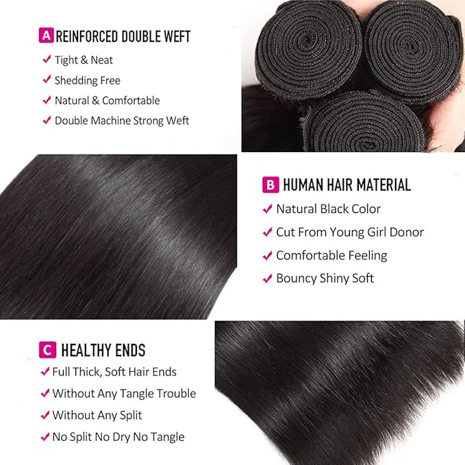 Straight Bundles with Closure Human Hair 12 14 16+10 Brazilian Human Hair Bundles with Closure Straight 100% Unprocessed Virgin Weave Hair Bundles with Lace Closure