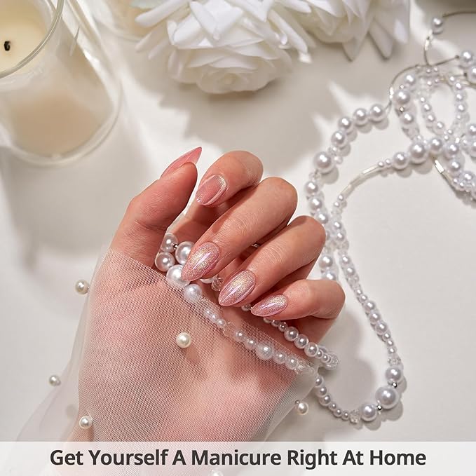 BTArtbox Press On Nails Short - Pink Cat Eye Almond Press On Nails with Glue for Women, Opaque Soft Gel Glue On Nails in 16 Sizes - 32 Stick On Nails Kit, Tassel Shine