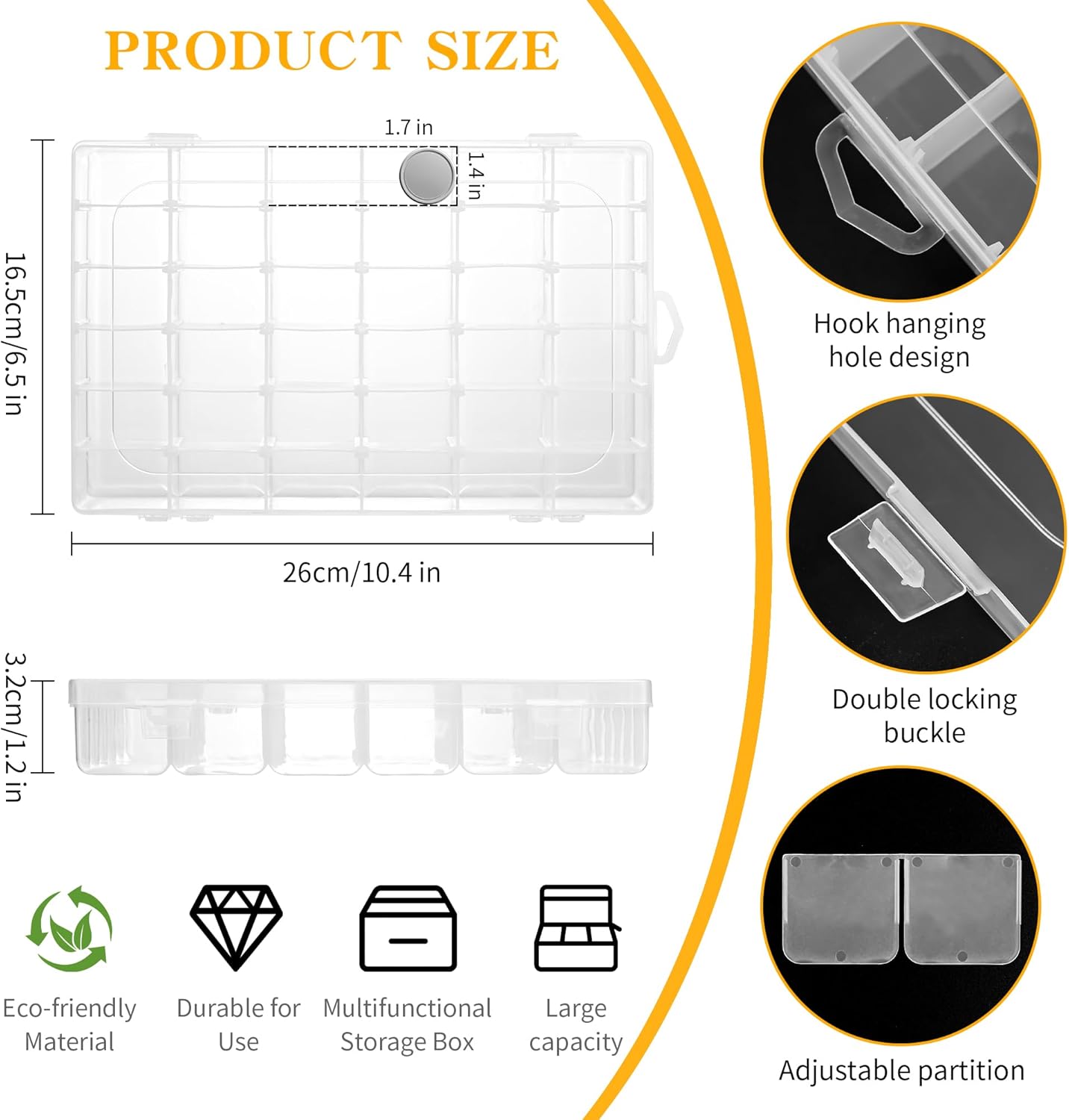 Plastic Organizer Container Box,36 Large Grids Clear Plastic Bead Organizer with Adjustable Dividers Craft Organizers Box for Bead,Jewelry,DIY Crafts,Art,Small Items Storage (Clear-1pack-36 Grids)