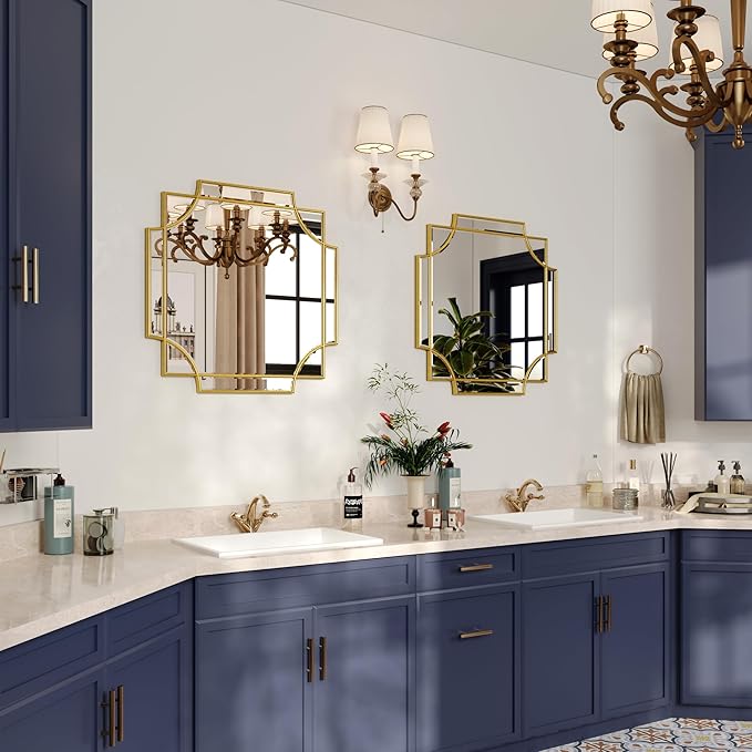 Kelly Miller Gold Framed Mirror for Wall, 26"x26" Gold Square Vanity Mirror Decorative Mirror Beveled Wall Decor for Bathroom Powder Room Living Room Bedroom Bedside Table Entryway Hallway