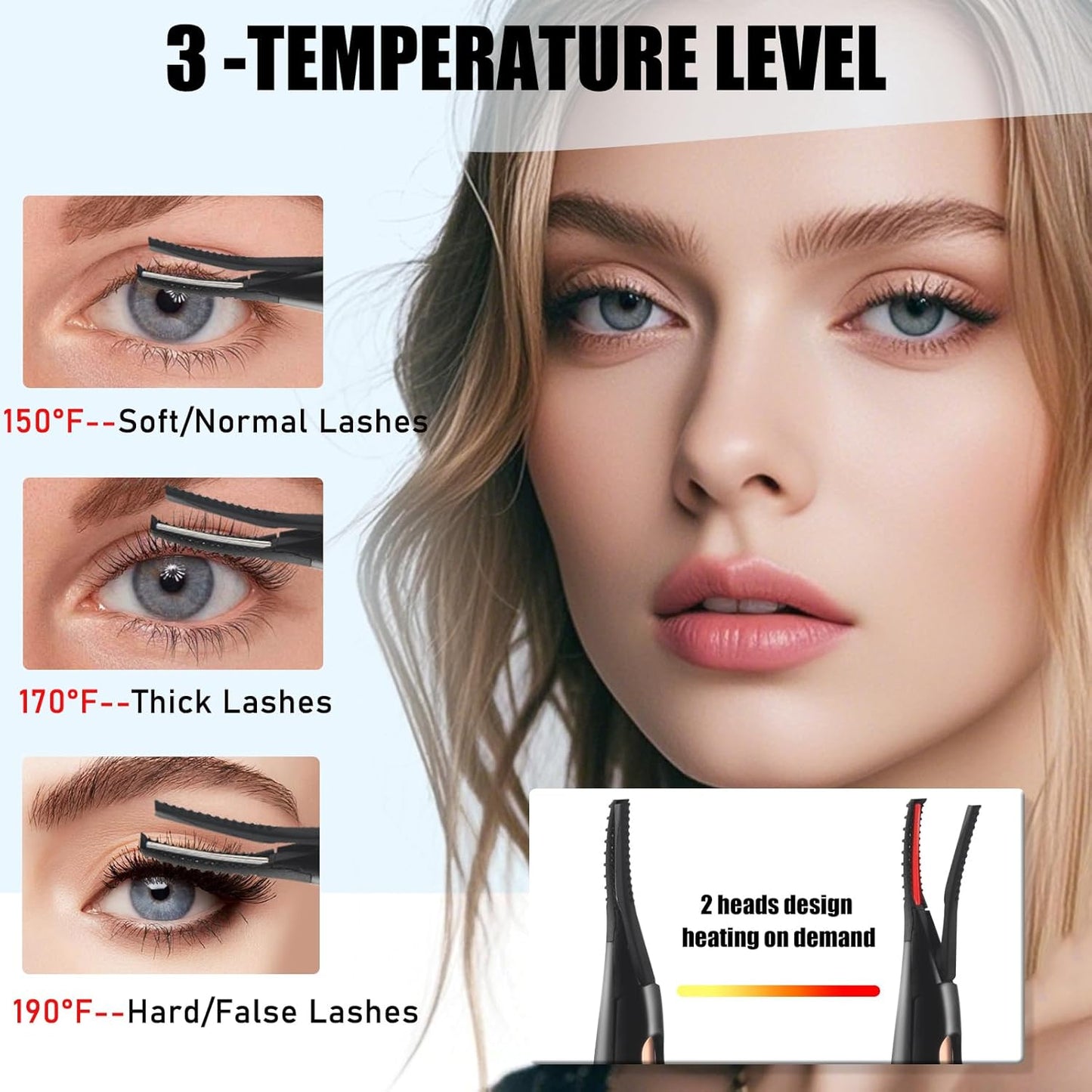 Heated Eyelash Curlers - 2 in 1 Clip- Type Heated lash Curler Best Seller Electric Eyelash Curler LED Display 3 Temp Settings for Makeup Tools USB Rechargeable Natural Curling 24H Long Lasting