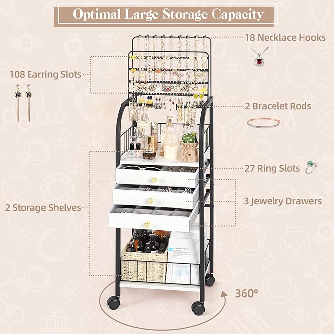 Keebofly Large Jewelry Organizer Stand with 3 Drawers, Floor Display Holder with Necklace, Earring, Bracelet, Ring Storage — Rolling Armoire Tower for Bedroom or Closet (Black)