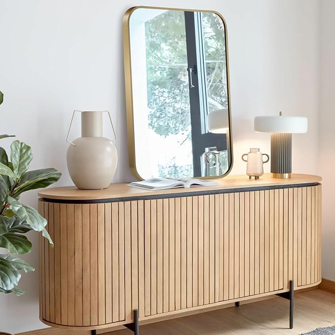 Gold Mirror, 16x24 Inch Framed Rectangle Mirror with Rounded Corner, Brushed Brass Mirror, Gold Bathroom Mirror for Over Sink, Vanity, Living Room, Bedroom, Horizontal/Vertical