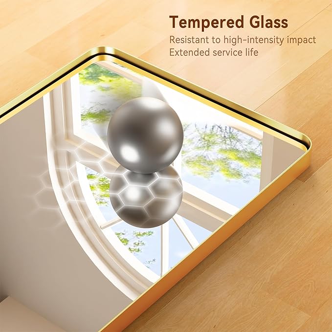 24X32 Inch Gold Metal Framed Bathroom Mirror for Wall, Gold Rounded Rectangle Mirror, Brushed Gold Bathroom Vanity Mirror Farmhouse, Anti-Rust, Tempered Glass, Hangs Horizontally or Vertically