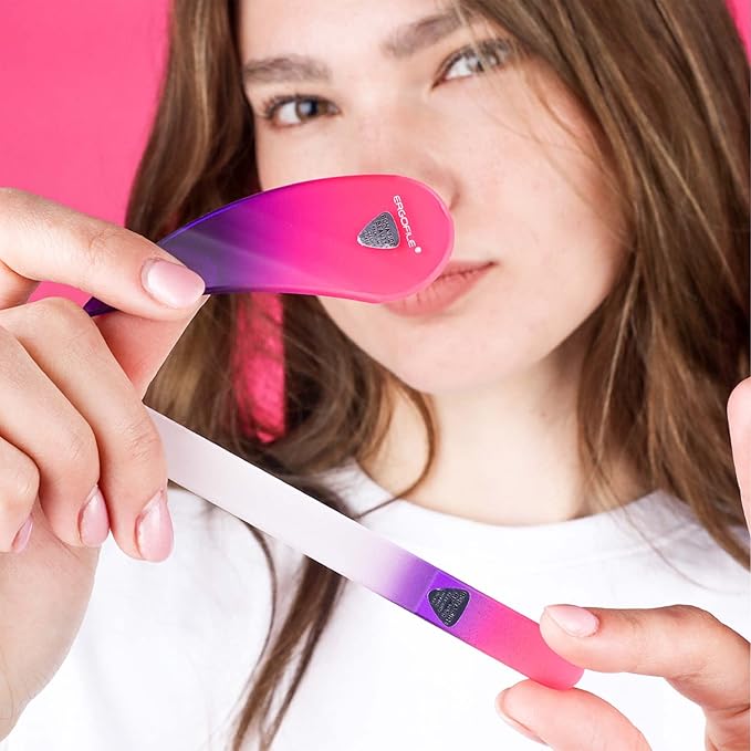 BONA Fide Beauty Glass Nail File Manicure Set, 2-Pieces Comfort Grip Ergonomic Drop Ergofile Czech Glass in Sleeves