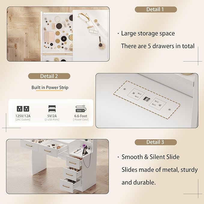 White Vanity Table with Drawer Dresser, Farmhouse Vanity Makeup Desk with Charging Station, Vanity Desk with Lights Mirror & Drawers for Makeup,Vanity Desk with Storage Shelf & 5 Drawers (Gold Handle)