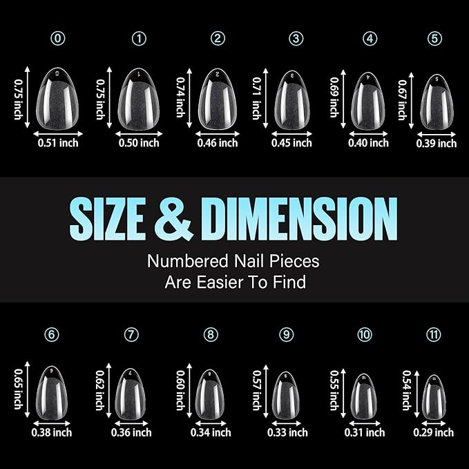 TOMICCA Short Almond Nail Tips, 504Pcs Soft Acrylic Nail Tips, 12 Sizes Pre-Shaped Half Matte Fake Clear Gelly Tips, Press on Acrylic Nails for Nail Extension DIY Nail Salon