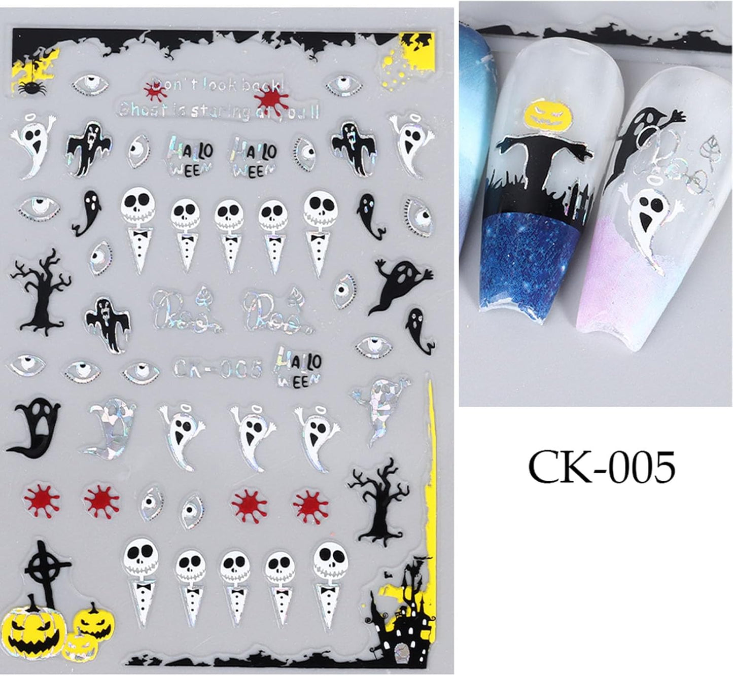 6Pcs Halloween Nail Stickers for Nail Art Cute Ghost Pumpkin Nail Art Stickers Spider Web Skeleton Bat Nails Design Decals Halloween Nail Supplies for Women Girls DIY Manicure