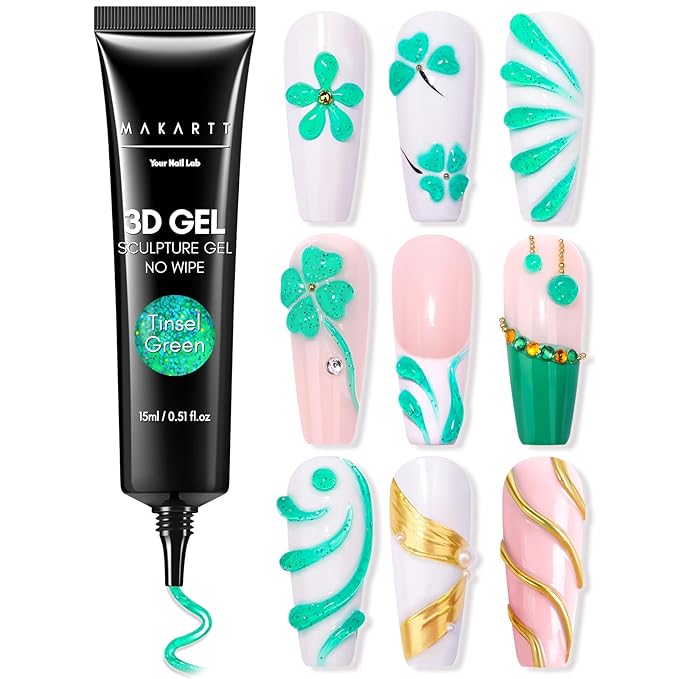 Makartt 3D Gel Nail Art- 3D Nail Gel Sculpting Gel for Nail Designs 15ml 3 in 1 No Wipe Polish for Drawing Carving Nails Molding Gels for Nail Decoration Charms- Tinsel Green