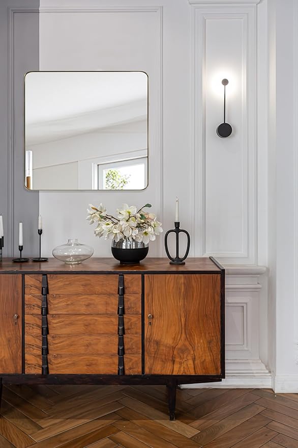 ANDY STAR Square Wall Mirror for Bathroom, 24”x24” Brushed Gold Bathroom Mirror, Rounded Corner Metal Mirror in Premium Stainless Steel Frame Hangs Horizontal Or Vertical（No Rose Gold）