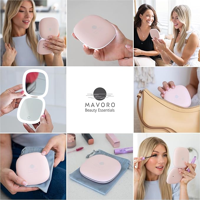 Mavoro LED Lighted Travel Makeup Mirror | 1x/10x Magnification | Rechargeable USB-C | Pocket & Purse Portable Lighted Travel Makeup Compact Mirror, Touch Sensor (Heavenly Pink)