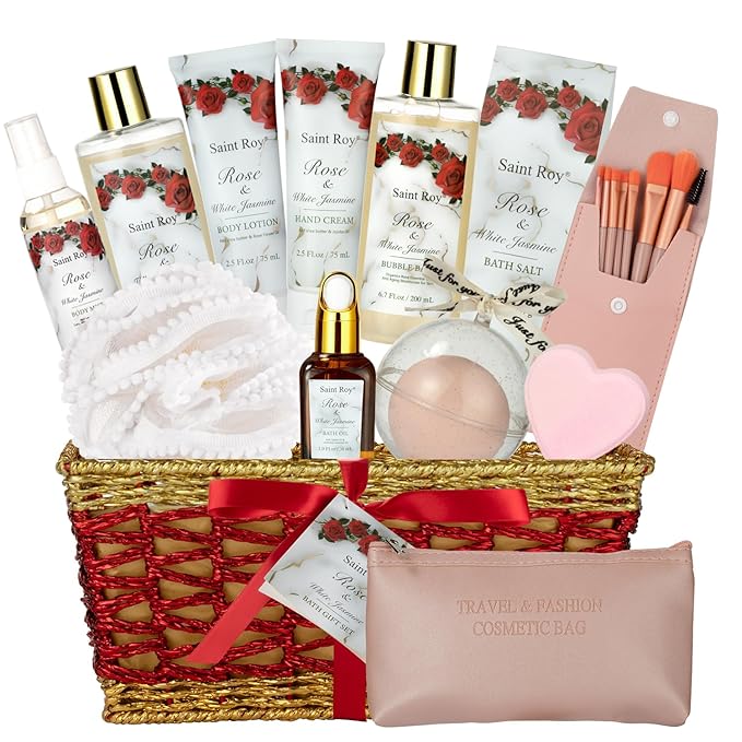 Valentines Gifts for Women - 21-Piece Luxury Rose & Jasmine Spa Gift Basket Set Bath and Body Gift Sets Care Kit with Make up sponge | Valentine's Day, Mothers Day Gifts Baskets for Mom, Wife