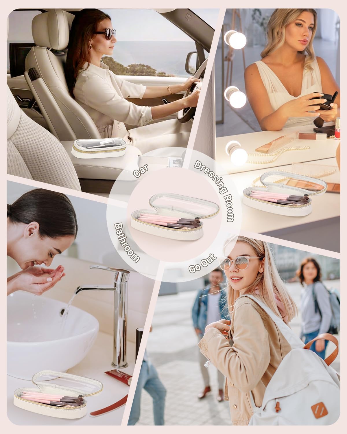 Clear Travel Makeup Brush Holder, Leather Makeup Brush Toiletry Bag, Portable Cosmetic Brush Case, Transparent Waterproof Makeup Brush Storage Bag, White, Large