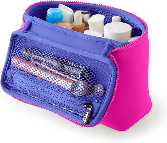 KUSSHI Neoprene Train Case Makeup Bag - Washable Makeup Travel Bag & Vanity Case for Stress Free Travel (Small, Pink/Indigo)
