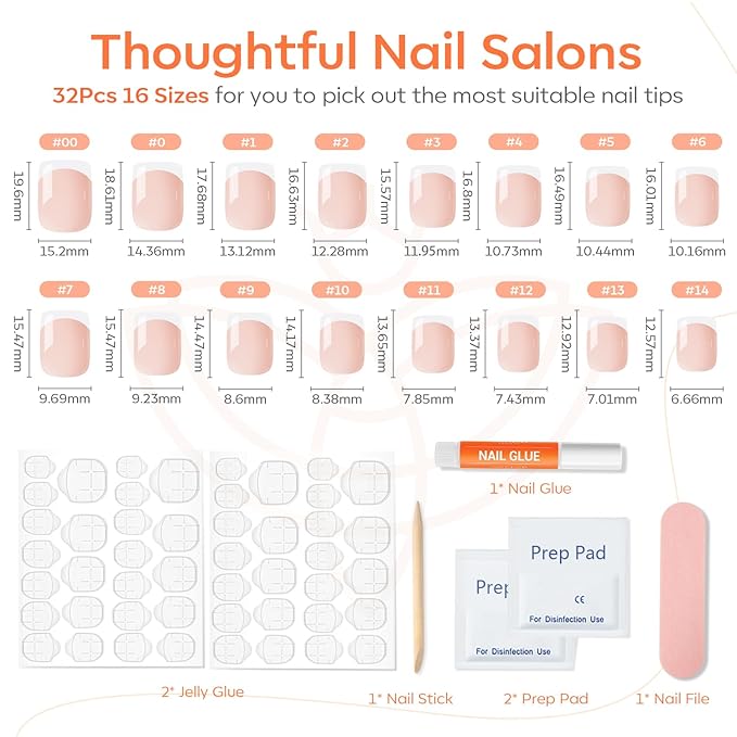 Modelones French Tips Press on Nails, Valentines Short Square Fake Nails, Reusable Nail Kit with Nail Glue Adhesive Tabs Mini Nail File, Nails Press Ons 32Pcs 16 Sizes, White