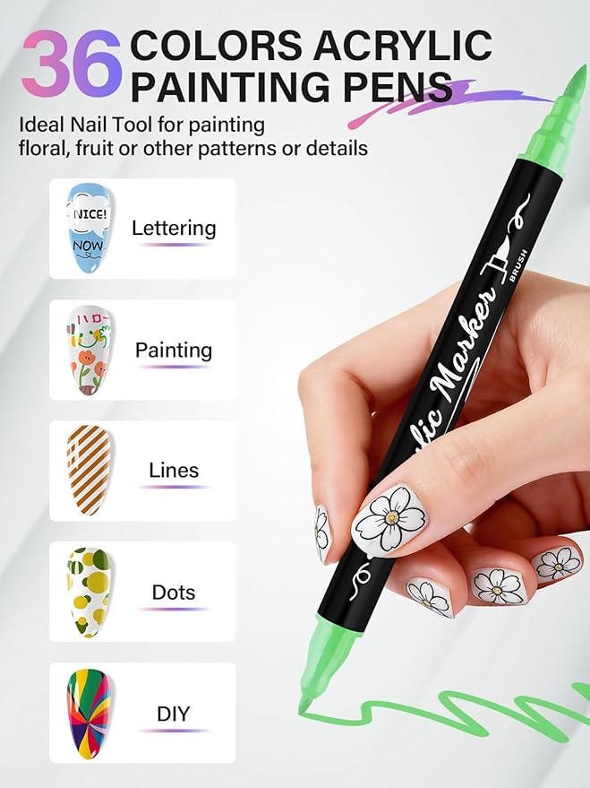 36 Colors Double-Ended Nail Art Marker Pens Set, EBANKU Nail Polish Pen Quick-Dry Fine Tip Nail Pen for Painting Nail, Professional Nail Point Dotting Liner Drawing Pen for DIY Salon Home Manicure