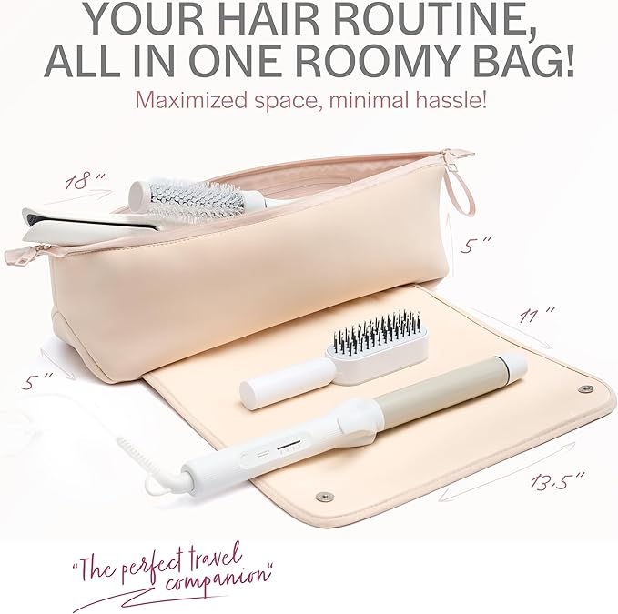 Aerotrunk Hair Tools Organizer - Hot Hair Tools Travel Bag with Heat Resistant Mat, Large Capacity Pouch for Flat Irons, Curling Wands, Hair Dryers - Beige