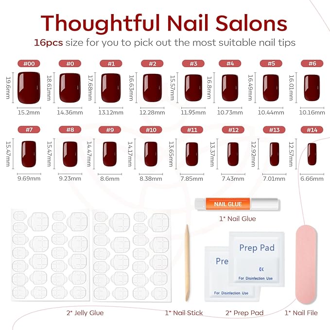 Modelones Press on Nails, Dark Red Short Square Fake Nails, Valentines Reusable Nail Kit with Nail Glue Adhesive Tabs Mini Nail File, Nails Press Ons 32Pcs16 Sizes, Women Girl Gift