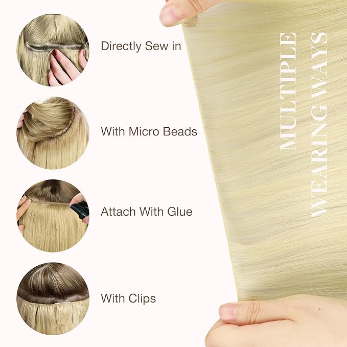 GOO GOO Genius Weft Hair Extensions Human Hair, Sew In Hair Extensions Rooted Remy Weft, 60A Platinum Blonde 24inch 60g, Hand Tied Weft Hair Extensions