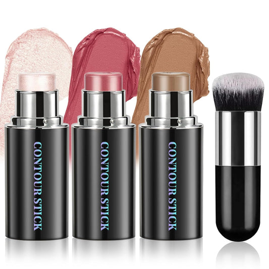 Face Contour Stick Set, Highlighter Stick & Bronzer Stick & Cream Blush Stick for Cheek Lip Tint, Long Lasting Blendable Lightweight Smooth Sculpted Face Stick Natural Dewy Makeup for All Skin