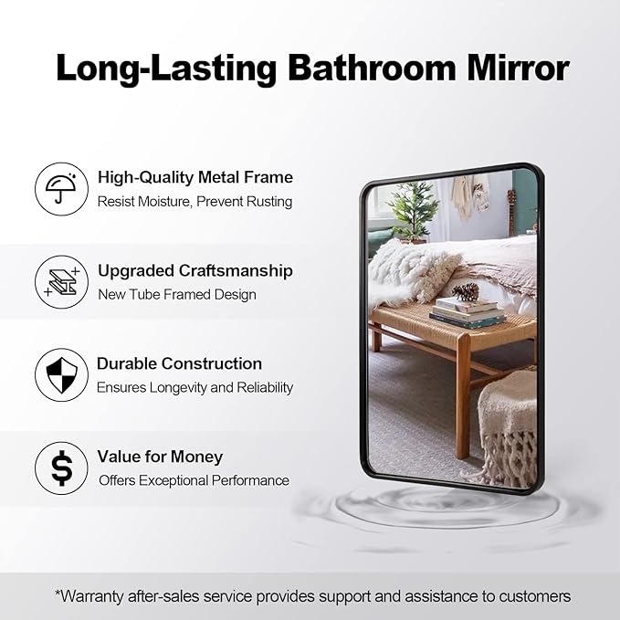 ANDY STAR Matte Black Mirror for Bathroom, 20x28 Inch Rounded Rectangle Mirror, Modern Vanity Mirror Tube Metal Frame HD Reflection Wall-Mounted Mirrors Vertically or Horizontally