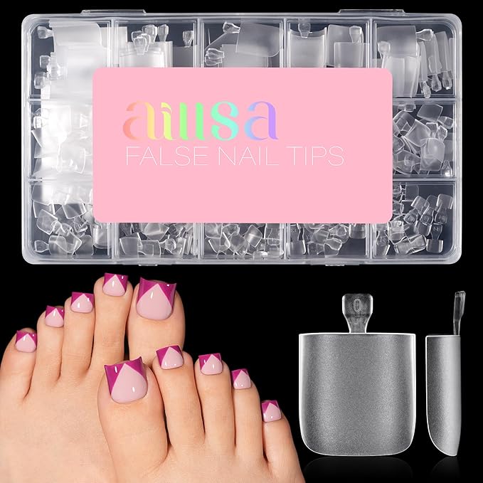 AILLSA Short Sharp Square Toe Nail Tips, 15 Sizes 150Pcs Pre-Etched Double Matte Acrylic Full Cover Press On Fake Toenails for Big Toe Extensions Home DIY Nail Salon