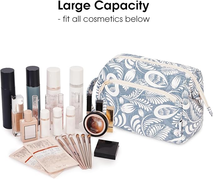 Narwey Women Makeup Bag Wide-open Make up Bag Travel Cosmetic Organizer Toiletry Bag for Cosmetics Toiletries Accessories (Blue Leaf)