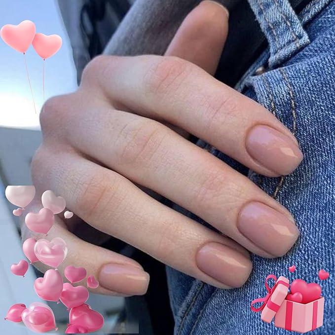Modelones 32Pcs Peach Pink Press on Nails, Valentines Short Square Fake Nails, Reusable Nail Kit with Nail Glue Adhesive Tabs Mini Nail File, Nails Press Ons 16 Sizes