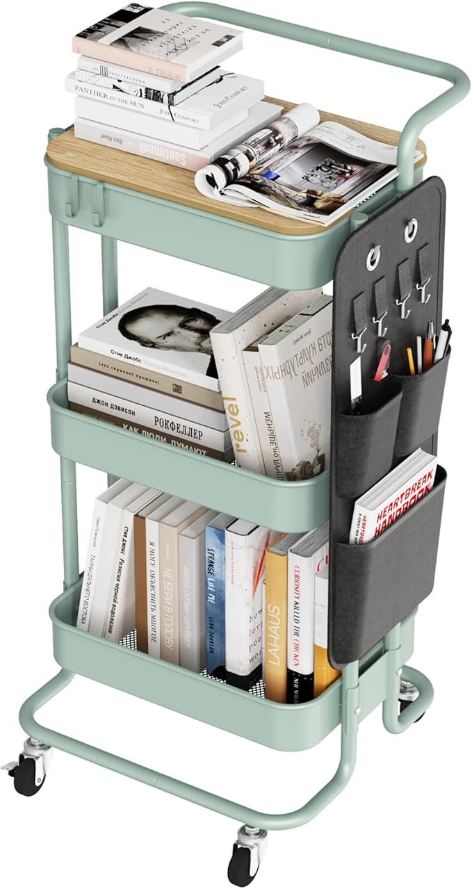 DTK 3 Tier Metal Utility Rolling Cart with Table Top and Side Bags, Metal Tray Storage Organizer Cart with Wheels, Art Craft Cart with 4 Hooks for Kitchen Bathroom Office Living Room (Green)