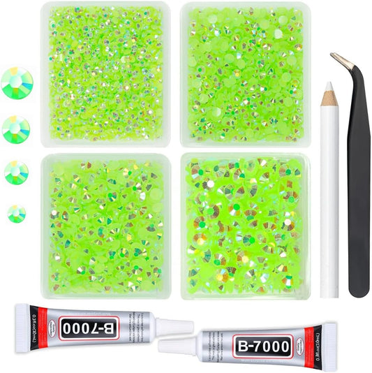 Peridot AB Resin Rhinestones w B7000 Jewelry Glue for Bedazzling Crafting 3mm 4mm 5mm 6mm Fresh Green Flatback Jelly Stones Bulk SS10- SS30 Diamonds Gems for Nails Face Makeup Tumblers Crafts