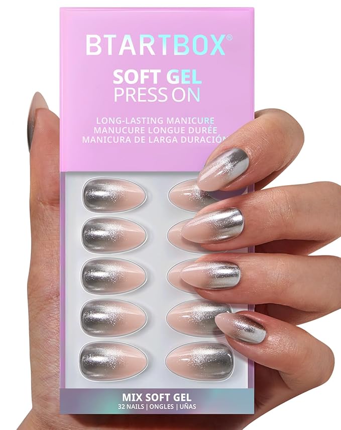 BTArtbox Press On Nails Short - Silver Fizz, Chrome Glitter Almond Press On Nails with Glue and Adhesive Tabs for Women in 16 Sizes - 32 Soft Gel Glue On Nails Kit