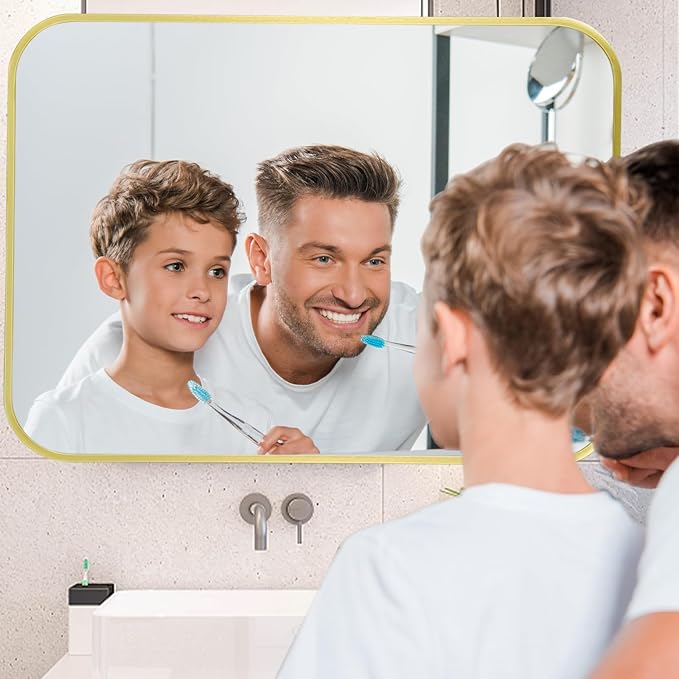 20x30 Inch Gold Mirror, Framed Rectangle Mirror with Rounded Corner, Brushed Brass Mirror, Gold Bathroom Mirror for Over Sink, Vanity, Living Room, Bedroom, Horizontal/Vertical