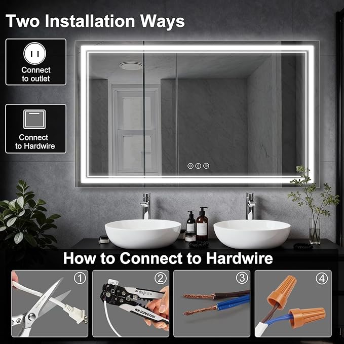 LED Bathroom Mirror 60"x36", 3 Colors Frontlit, Stepless Dimmable, Anti-Fog, Memory, Wall Mounted Vanity Mirror with Lights, Eco Copper-Free, Perfect for Bathroom & Bedroom