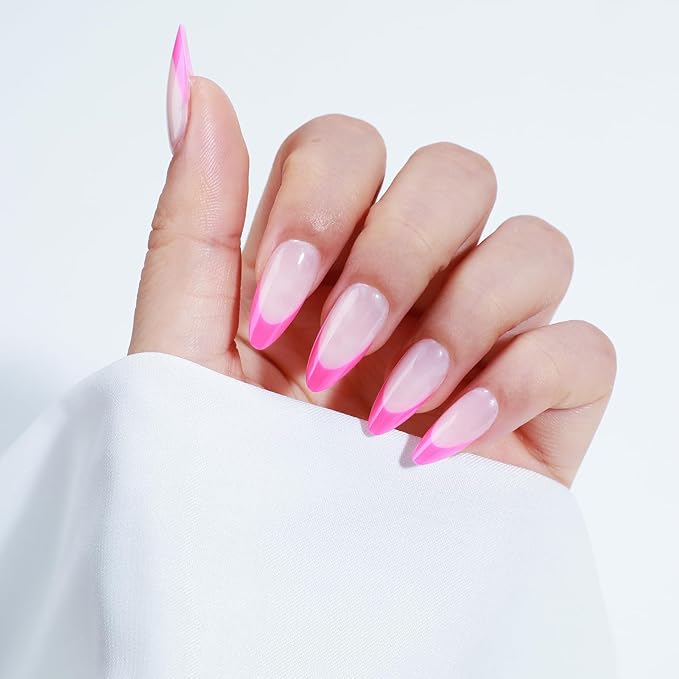 Rnker French Tip U Shape Press On Nails - Pink, Almond Top gel Nails with Bright Finish, 15 Sizes - 30 Nail Kit with Glue