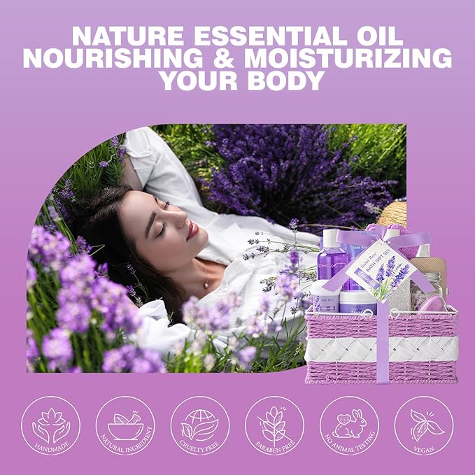 Valentines Day Gifts Spa Gifts for Women Bath and Body Lavender Gift Set, Spa Gift Basket for Self Care, Relaxing Bath Sets for Mom, Grandma, Girlfriend, Sister, Friends, Gifts for Women
