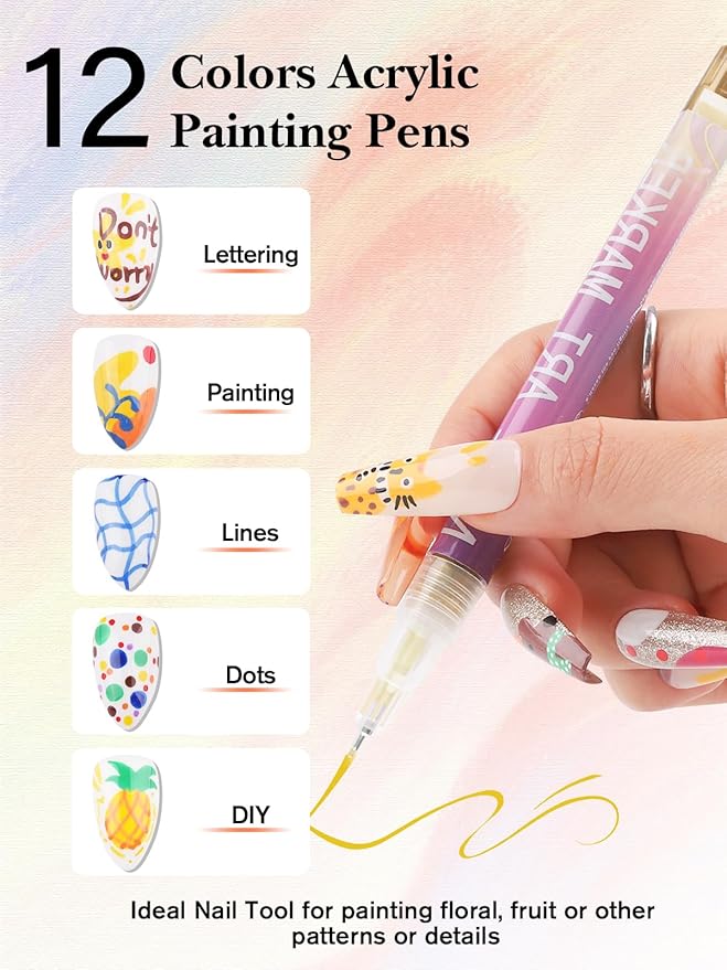 EBANKU 12 Colors 3D Nail Art Pens, Fine Tips 0.5 MM Nail Polish Pens Quick-Drying Acrylic Nail Paint Point Dotting Liner Pen Tools for Home & Salon Manicure DIY