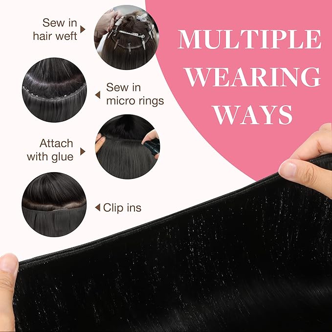 GOO GOO Sew in Hair Extensions Real Human Hair, Weft Hair Extensions Human Hair, 1B Natural black 22inch 110g, Weft Bundles Straight Silky Remy Hair